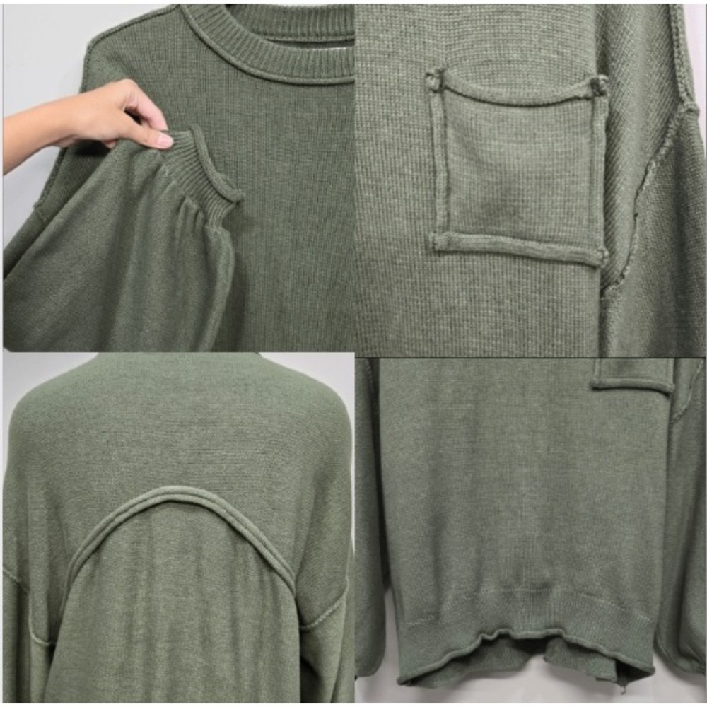 Olive Green Oversized Sweater Womens Plus Size 1XL Cotton Rolled Seams Lagenlook - Picture 6 of 9